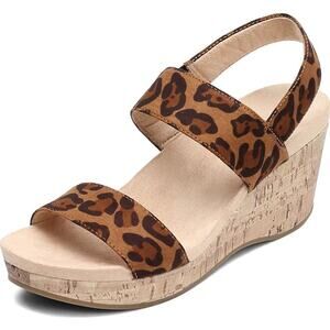 Life Stride Delaney Wedge Sandal Womens 6 WIDE Brown Animal Print Cork NWOB
